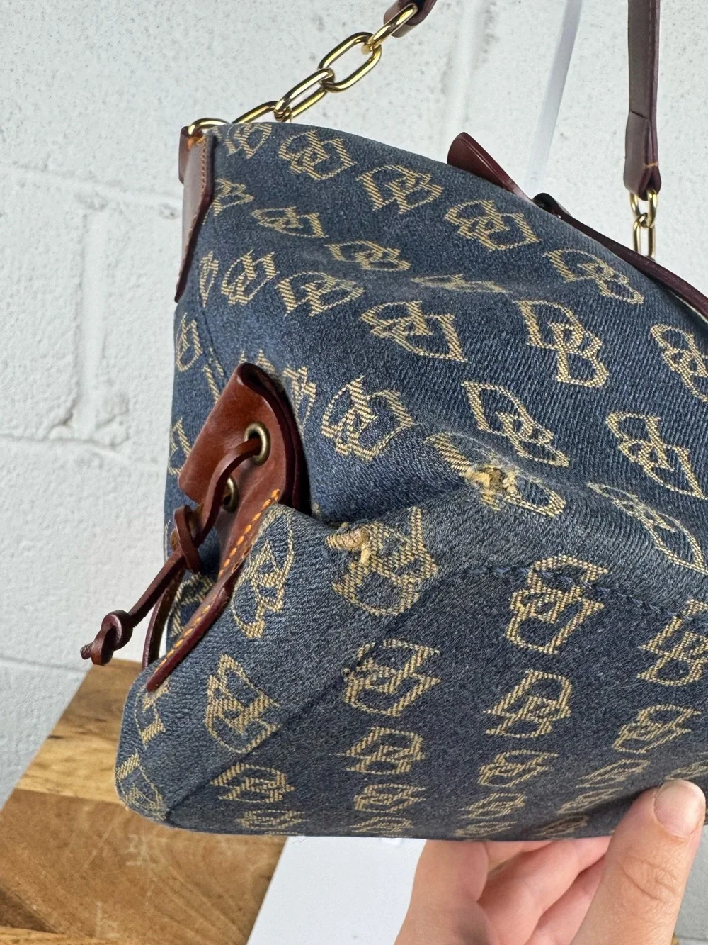 Dooney & Bourke Denim Monogram Hobo Shoulder Bag Leather Duck Charm Y2K